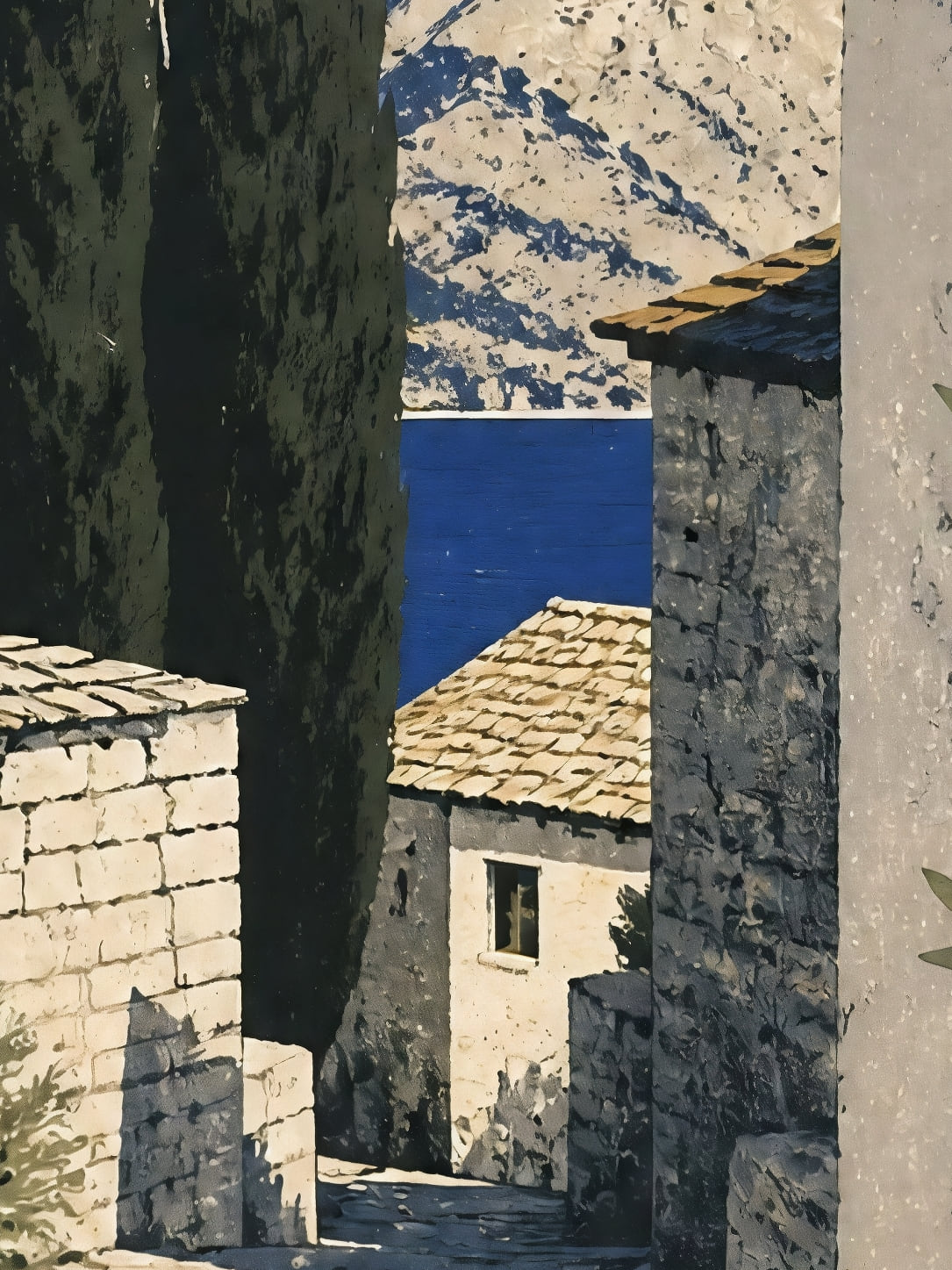Detail a taille reelle du tirage, affiche grece la chaise bleue et les deux cypres