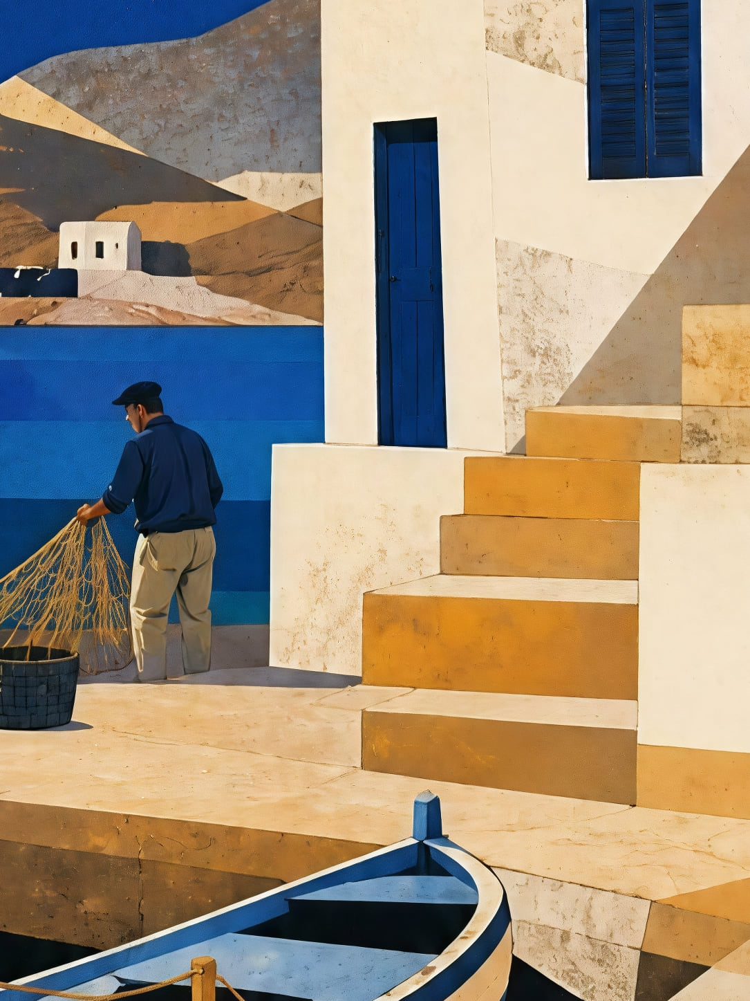 Detail a taille reelle du tirage, affiche grece le pecheur et le filet au quai d or
