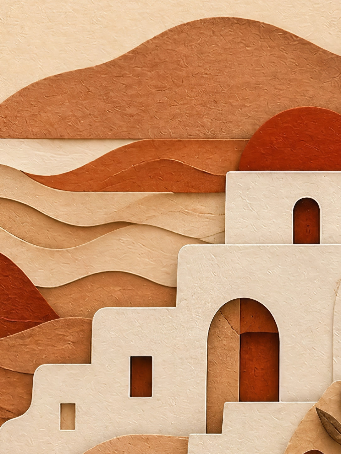 Detail a taille reelle du tirage, affiche grece le village en papier decoupe