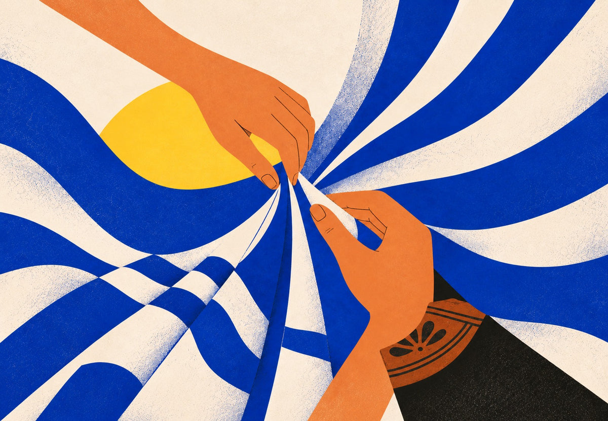 Les mains qui plient le linge rayé (Paysage)