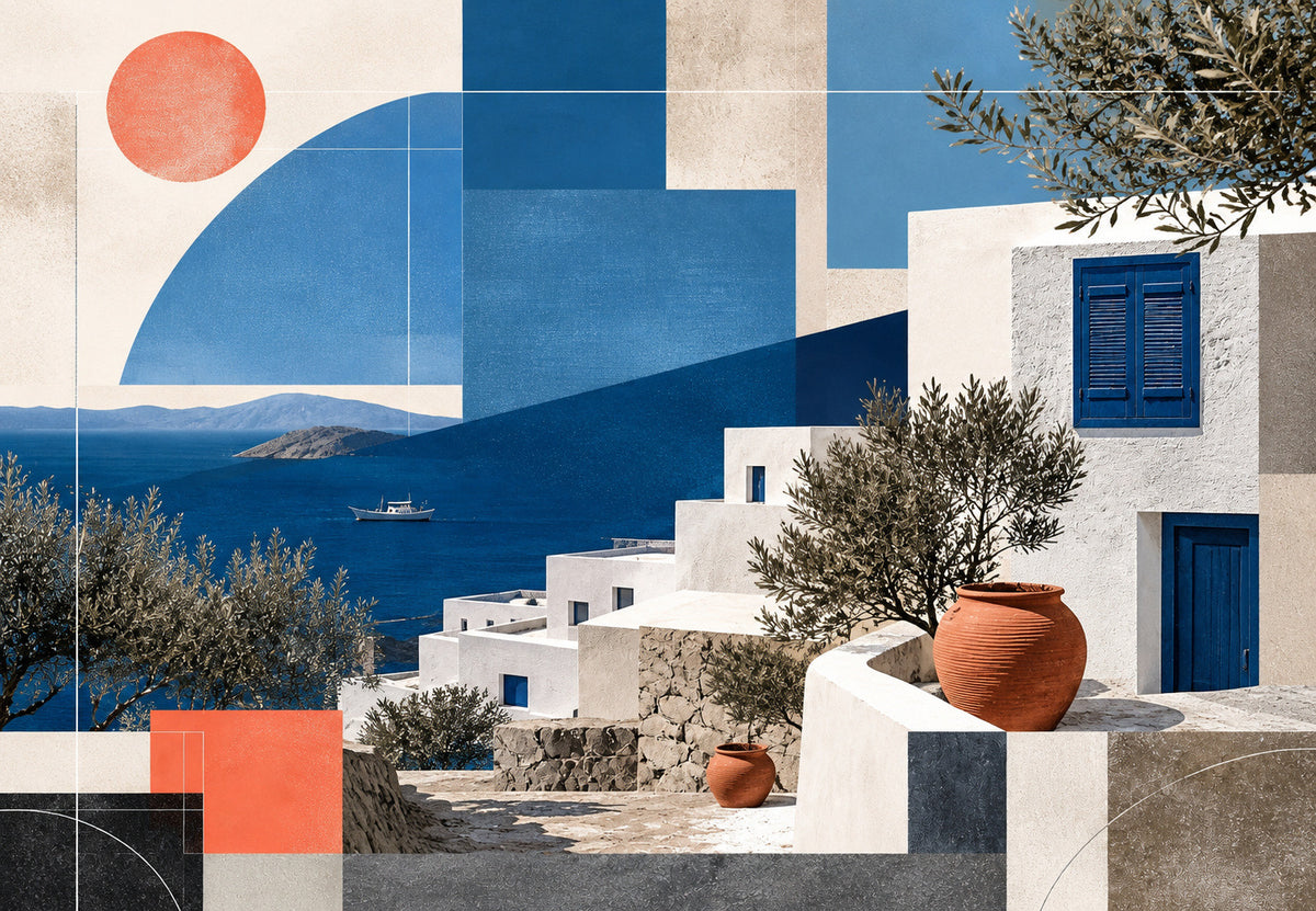 Greece - The potted olive trees by the blue window (Landscape)
