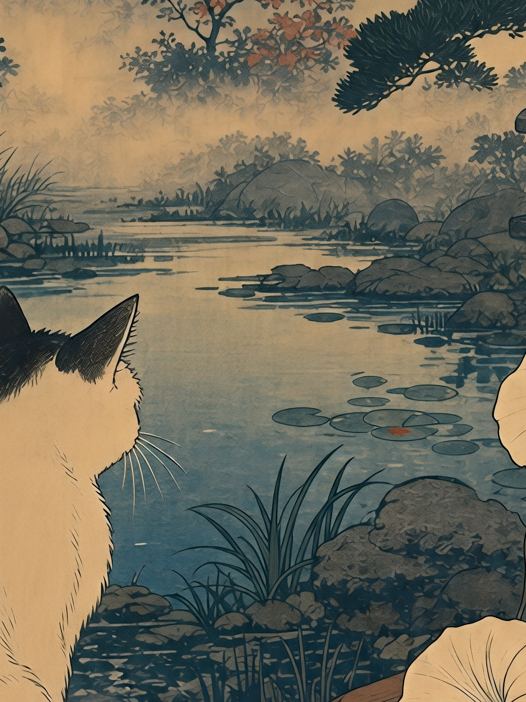 Detail a taille reelle du tirage, affiche japon chat fenetre estampe