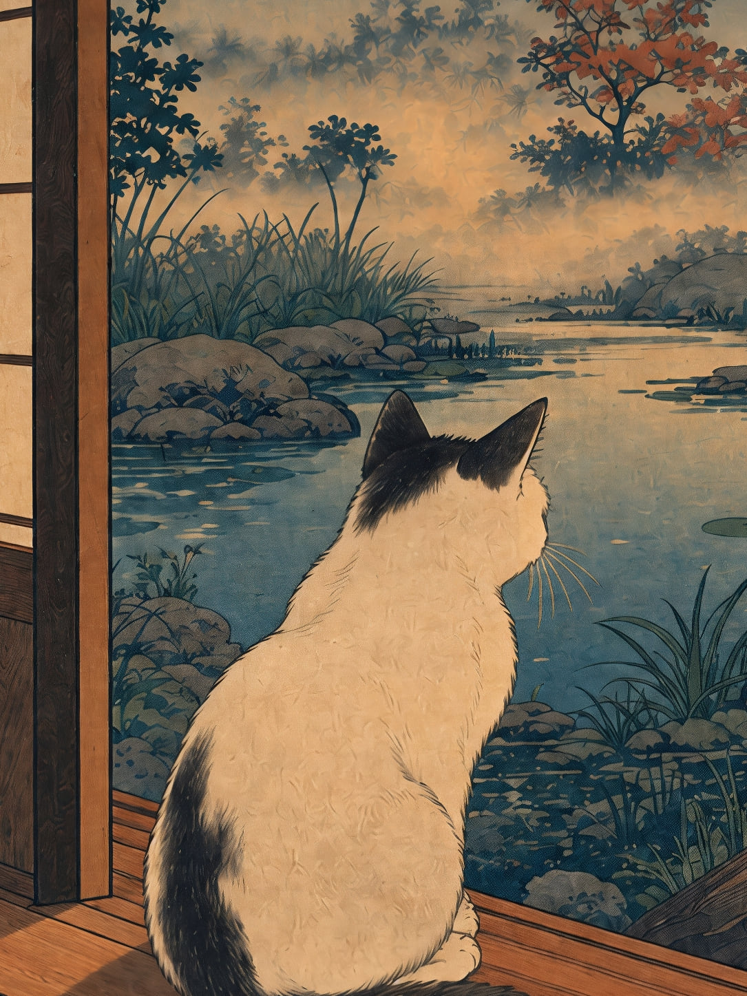 Detail a taille reelle du tirage, affiche japon chat fenetre estampe paysage