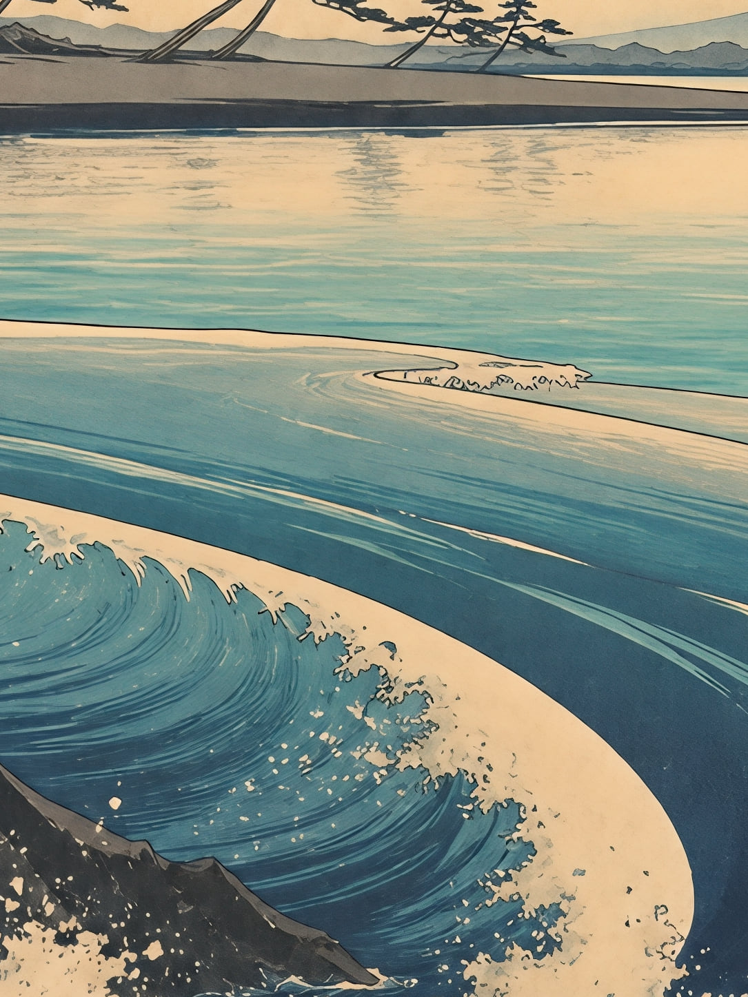Detail a taille reelle du tirage, affiche japon fuji vagues pins voile