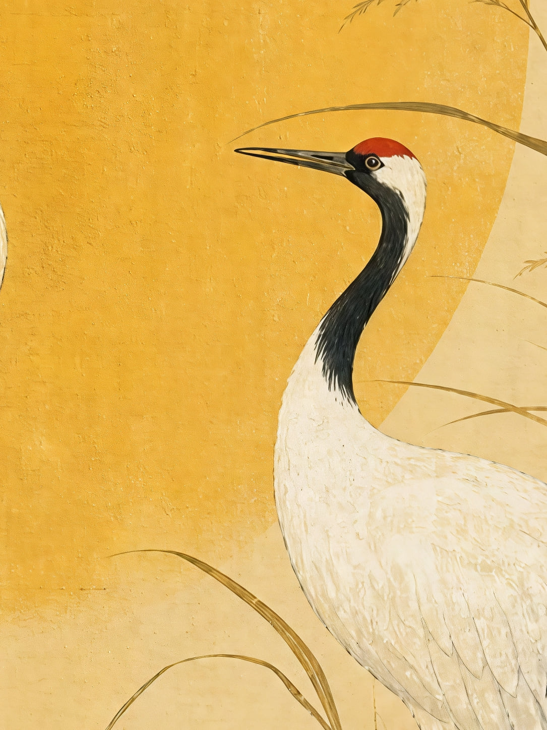 Detail a taille reelle du tirage, affiche japon grues couronne rouge nenuphars