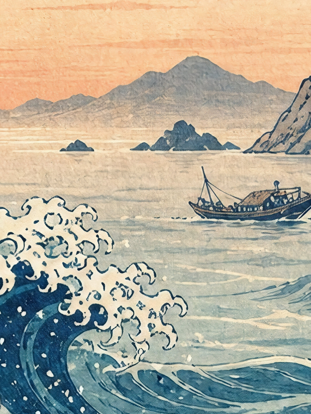 Detail a taille reelle du tirage, affiche japon les vagues devant l ile fumante