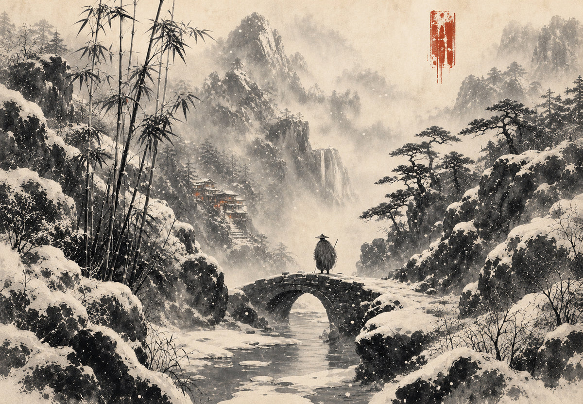 Japão - Viajante na ponte nevosa (Horizontal)