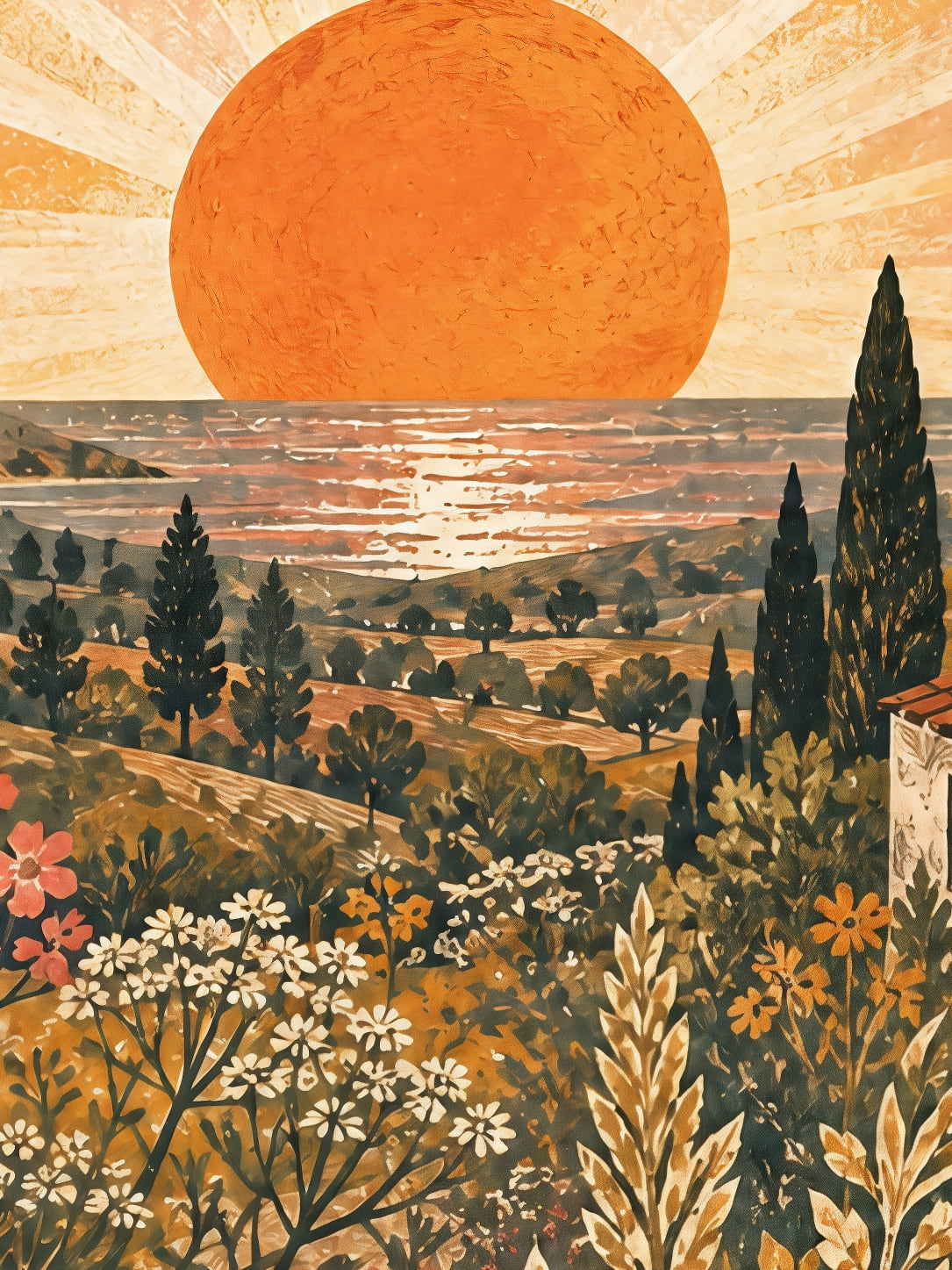 Detail a taille reelle du tirage, affiche jardin mediterraneen au soleil paysage