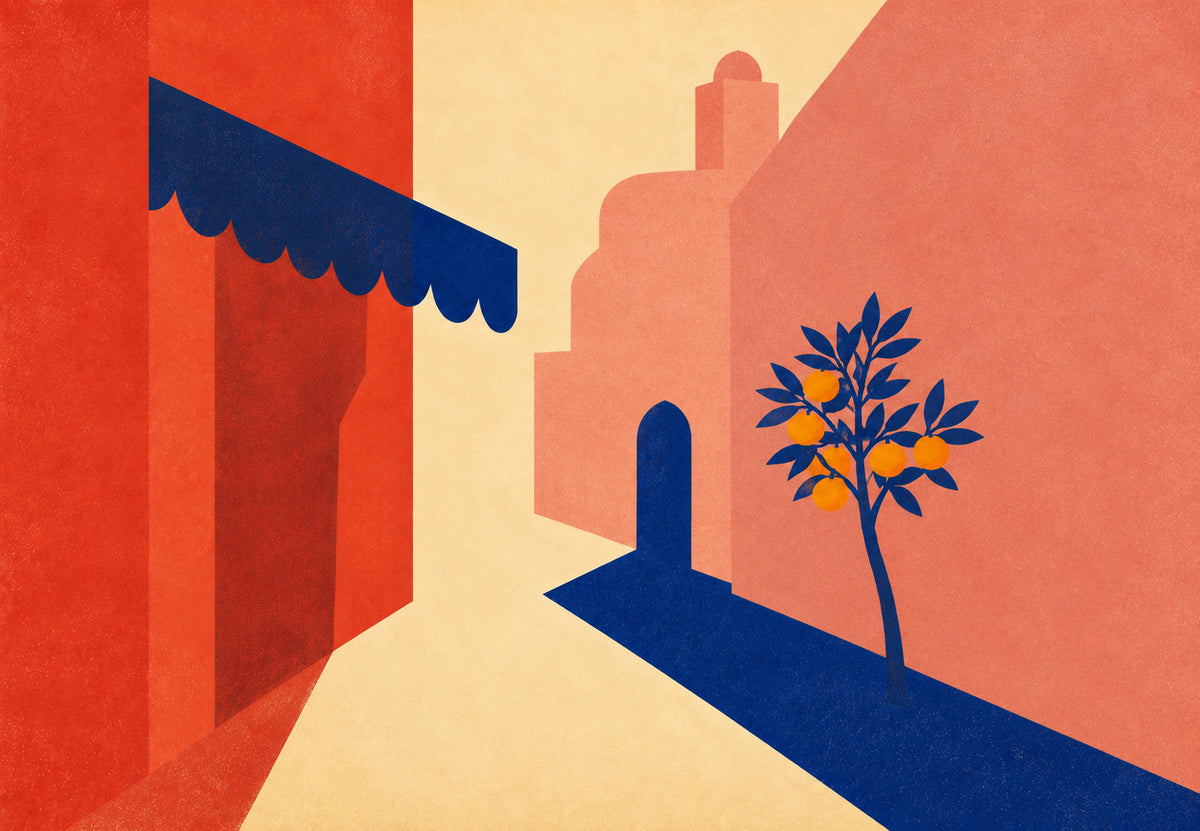 Marrakesch - Die blaue Markise und der Orangenbaum (Querformat)