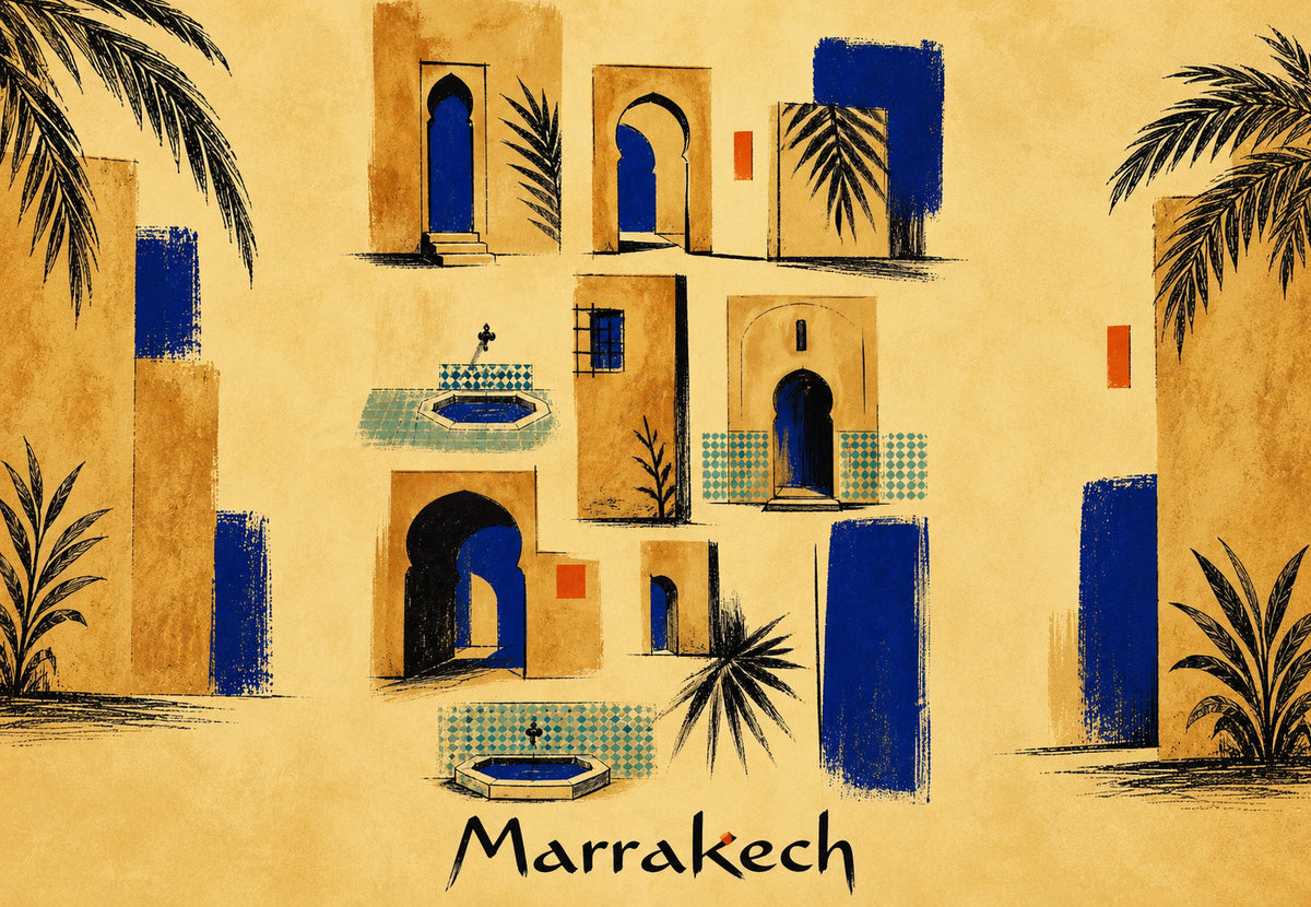 Marrakesh - The Fountains in Ultramarine Ink (Landscape)