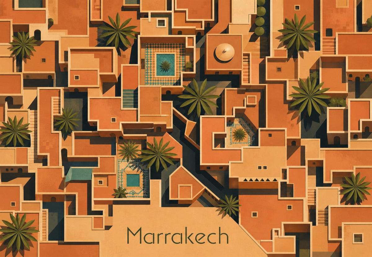 Marrakech - De daken en de turquoise binnenplaatsen (Liggend)
