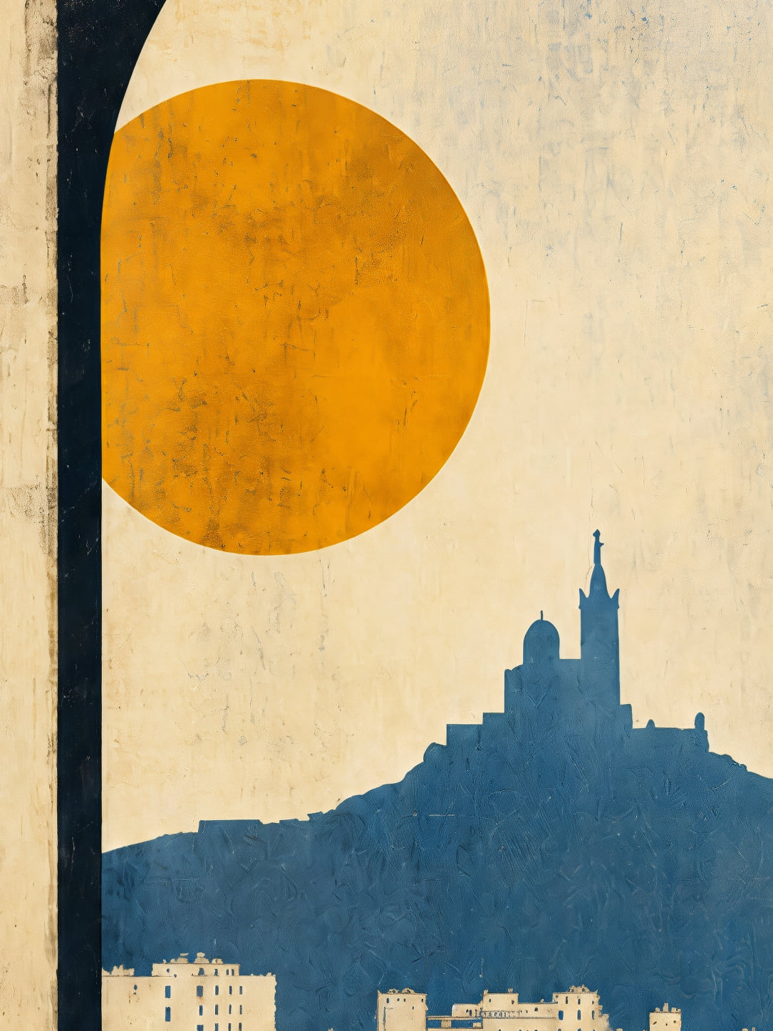 Detail a taille reelle du tirage, affiche marseille arche et soleil ocre