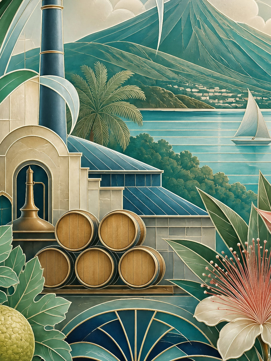Detail a taille reelle du tirage, affiche martinique l affiche art deco de la distillerie paysage