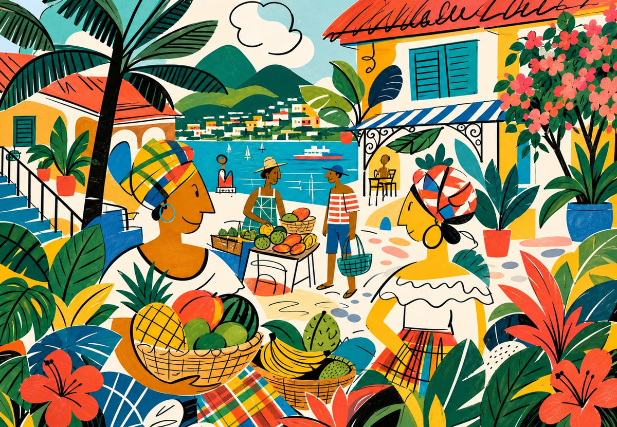 Martinique - Le marché aux fruits face à la baie (Paysage)