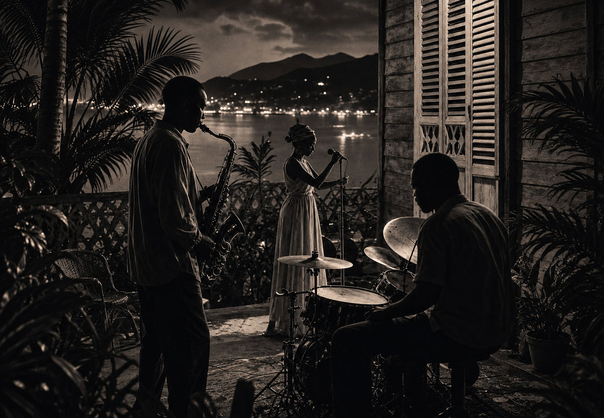 Martinique - Das Jazztrio mit Blick auf die Bucht (Querformat)