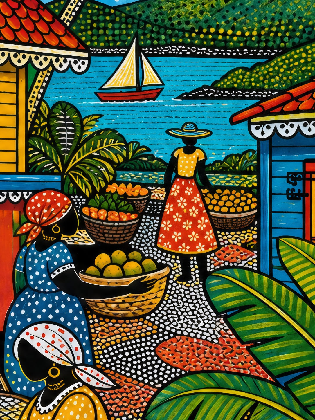 Detail a taille reelle du tirage, affiche martinique le village en fete poissons et fruits paysage