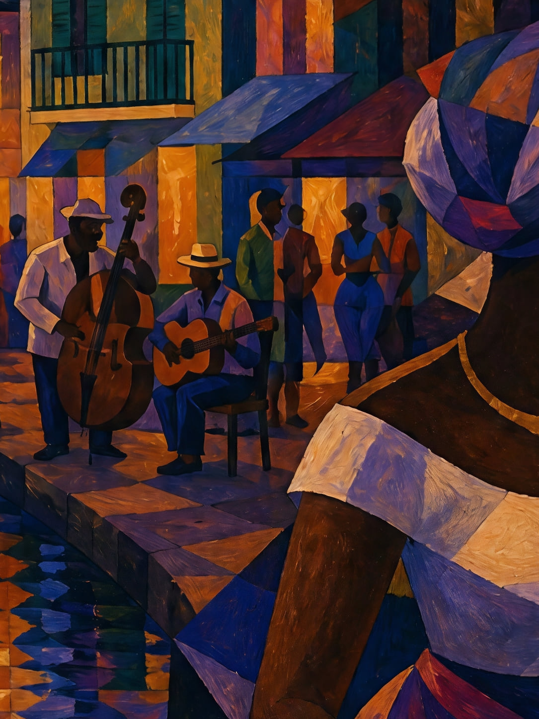 Detail a taille reelle du tirage, affiche martinique marche nocturne et musiciens au bord de l eau