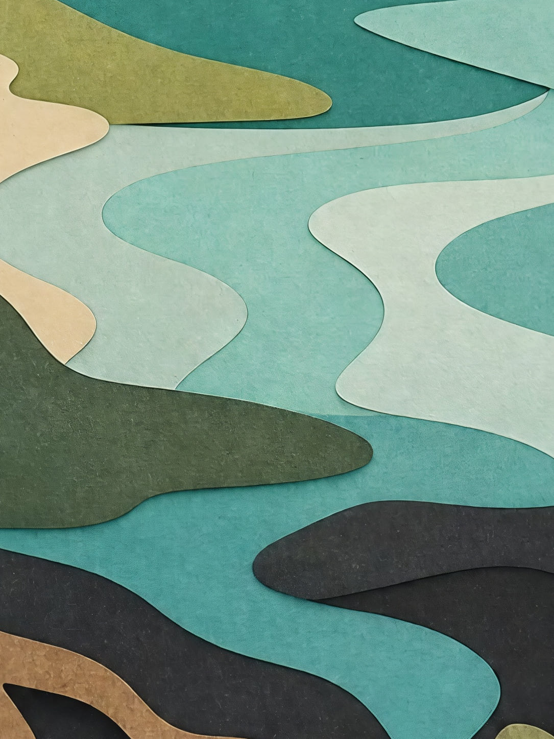 Detail a taille reelle du tirage, affiche martinique racines cannes et rivage en papiers decoupes