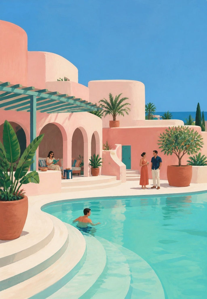 Peinture d'une villa rose méditerranéenne au bord d'un bassin turquoise, avec baigneurs et palmiers