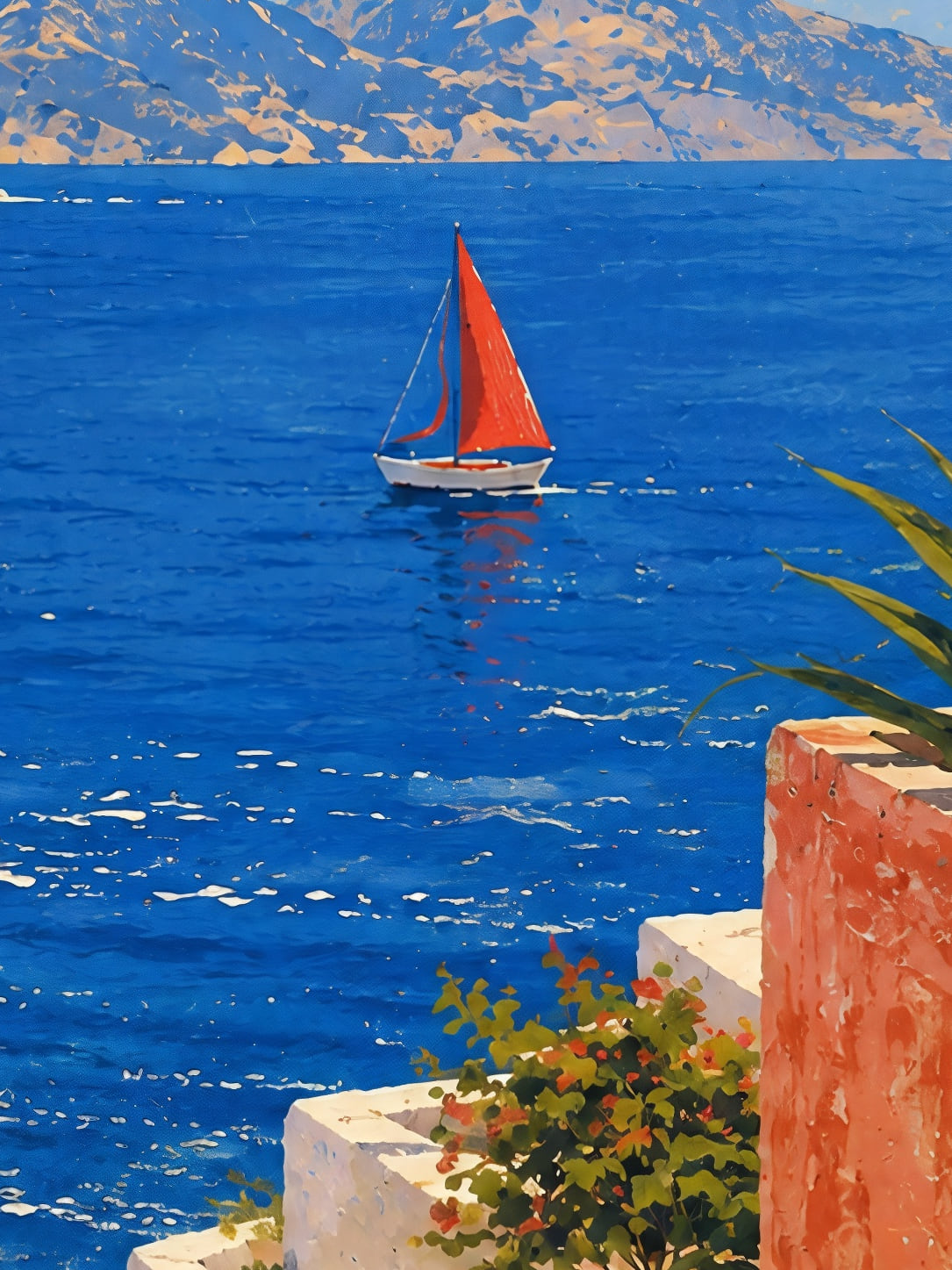 Detail a taille reelle du tirage, affiche mediterranee la terrasse au citronnier et la voile rouge paysage