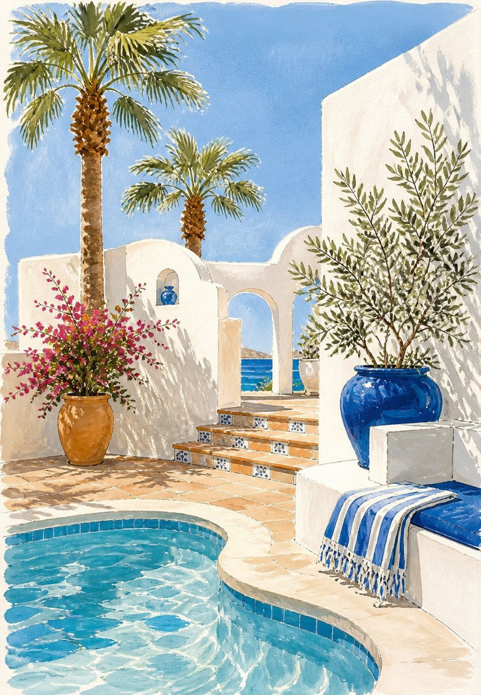 Aquarelle d'un bassin turquoise sur une terrasse méditerranéenne avec palmiers et olivier en jarre bleue