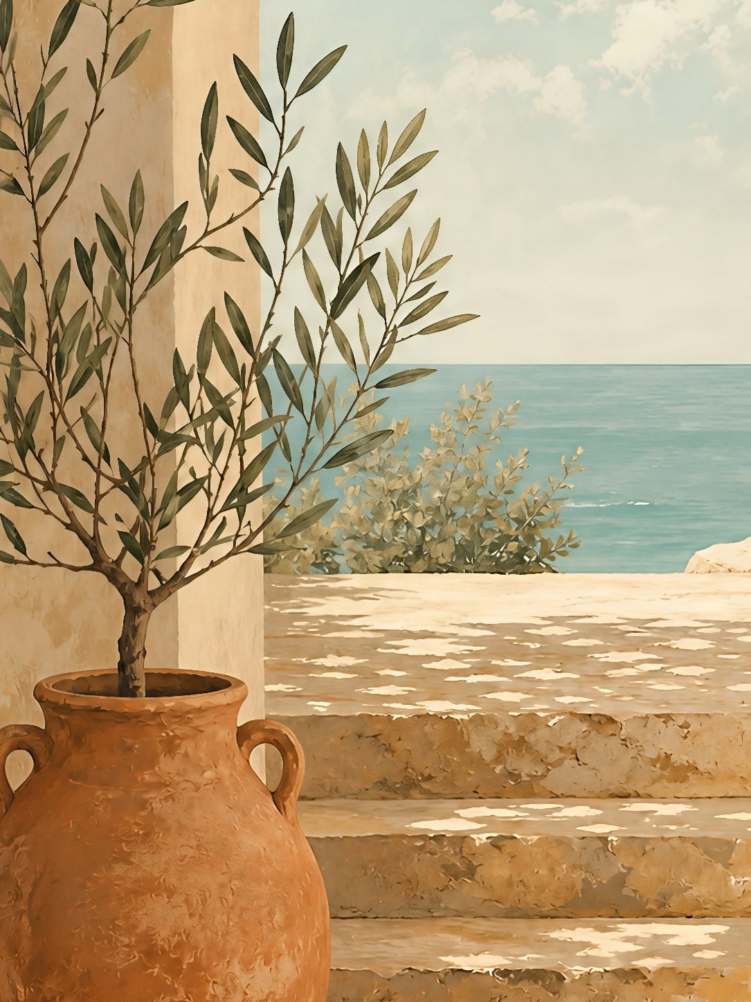 Detail a taille reelle du tirage, affiche mediterraneenne arche amphore et horizon bleu paysage