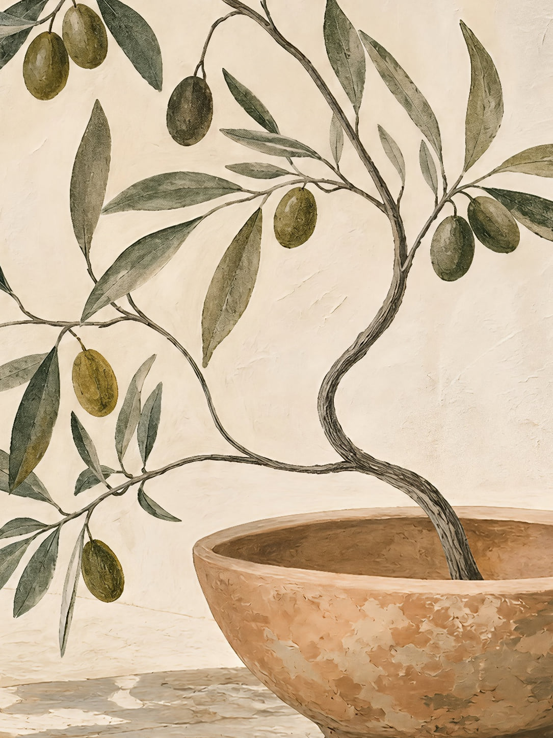 Detail a taille reelle du tirage, affiche mediterraneenne branche dolivier au bol terracotta paysage