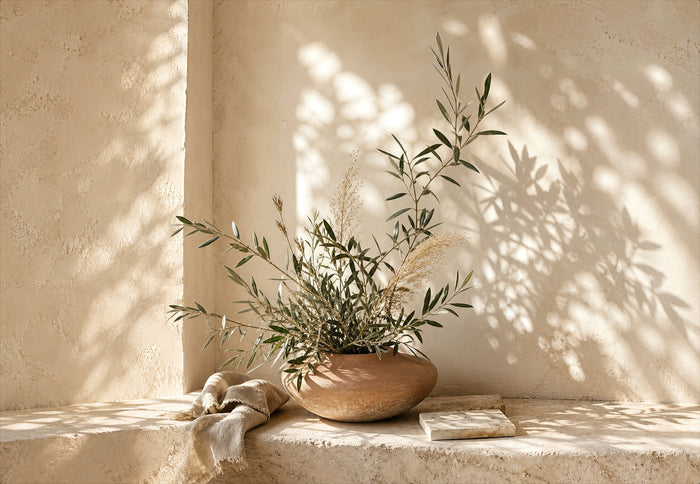 Bol en terre cuite avec des branches d'olivier et de l'herbe séchée, posé sur une tablette de pierre devant un mur beige traversé d'ombres de feuillage.