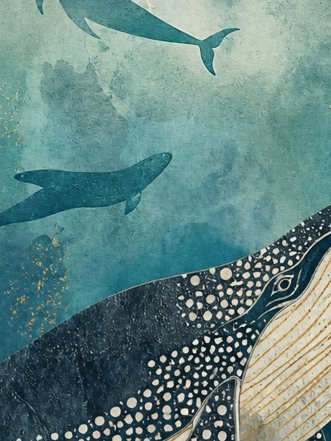 Detail a taille reelle du tirage, affiche mer baleines bleu et or