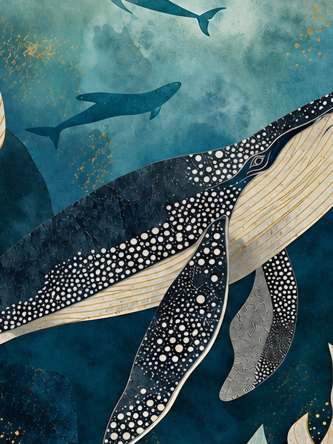 Detail a taille reelle du tirage, affiche mer baleines bleu et or paysage