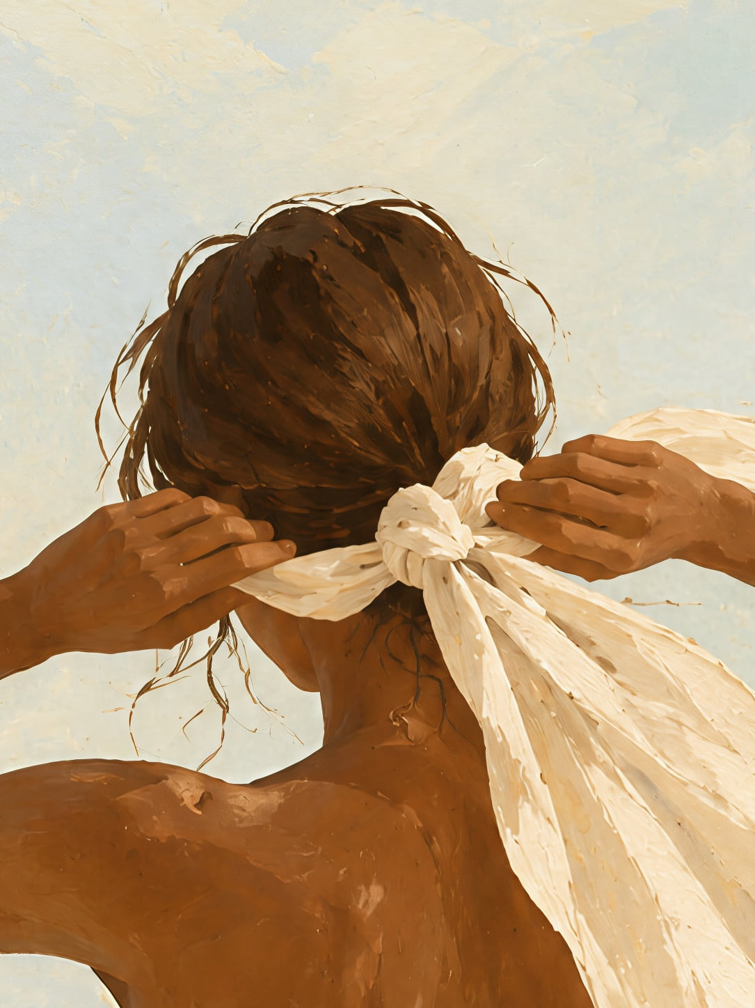 Detail a taille reelle du tirage, affiche mer foulard au vent sur le quai