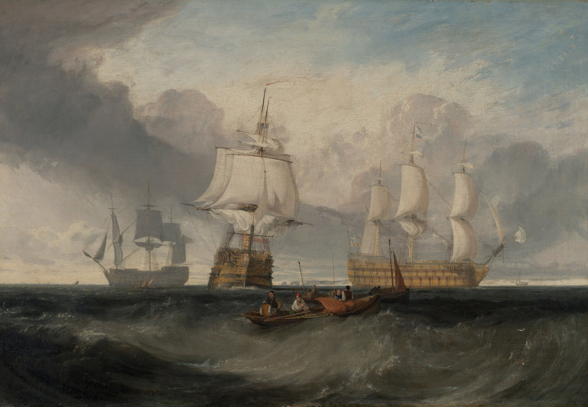Grands voiliers et barque de pêcheurs sur une mer agitée