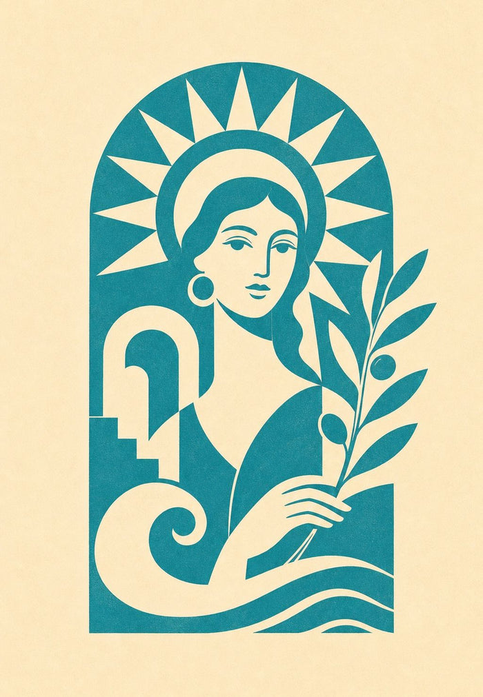 Une figure au visage stylisé se détache en aplat turquoise sur un fond crème, couronnée d'un halo de rayons pointus évoquant un soleil.