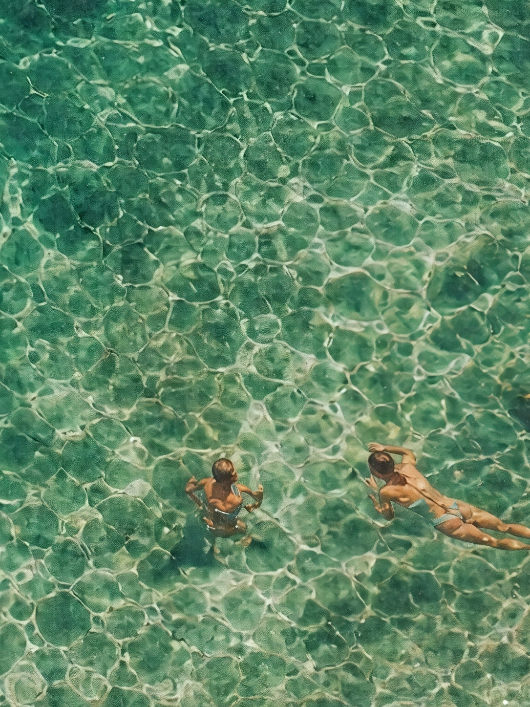 Detail a taille reelle du tirage, affiche mer les nageurs vus d en haut