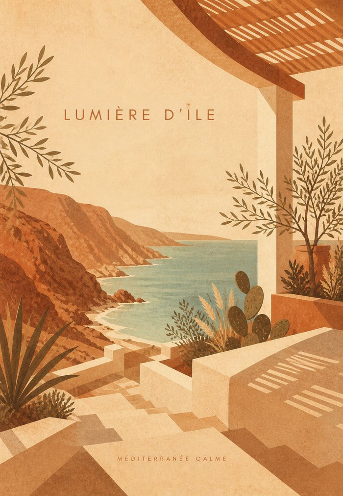 Une terrasse méditerranéenne s'ouvre sur une baie aux falaises ocre et terre cuite, où la mer turquoise vient caresser une plage de sable clair.