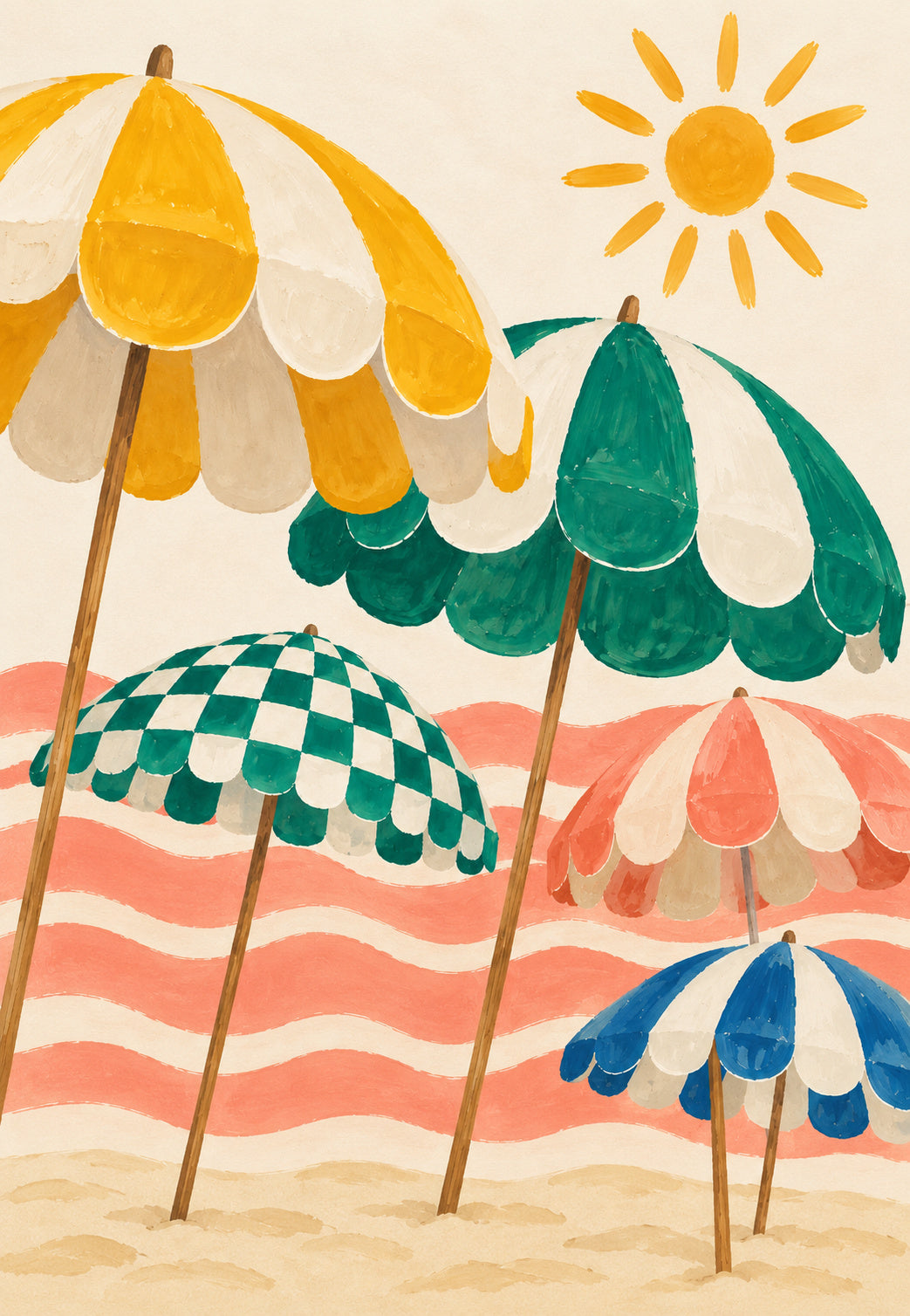 Bunte Sonnenschirme und rosa Wellen