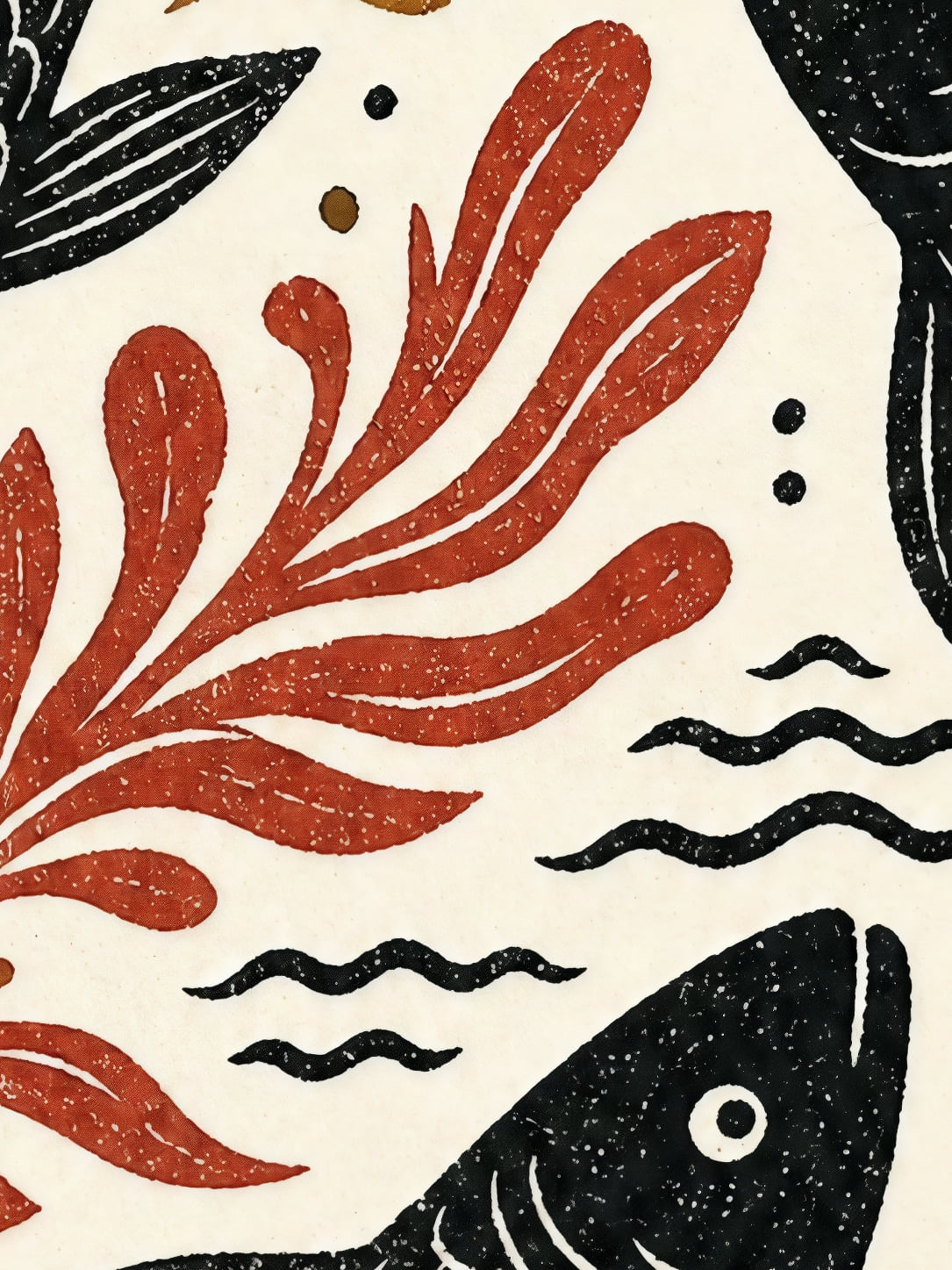 Detail a taille reelle du tirage, affiche mer poissons linogravure