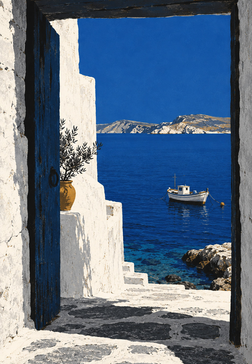 Porta azul sobre o mar Egeu