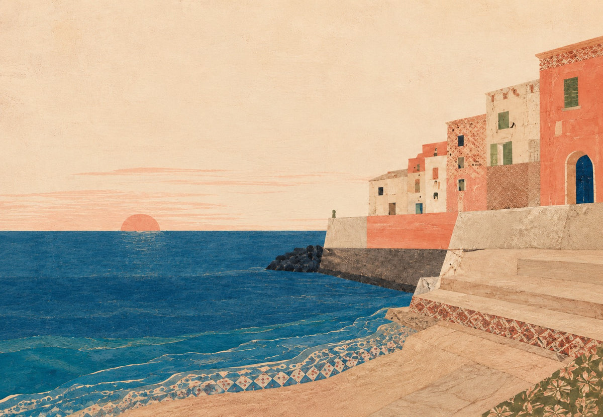 Pôr do sol sobre as casas cor-de-rosa junto ao mar (Horizontal)