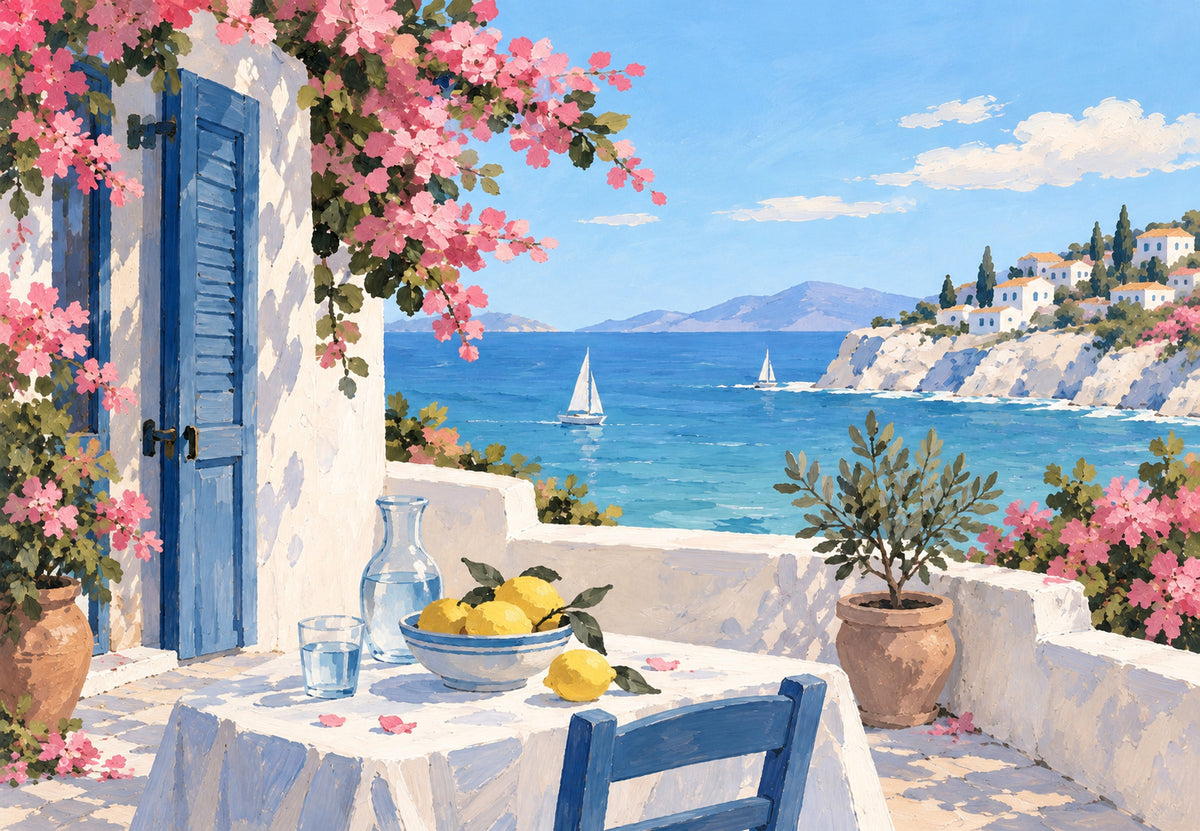Blühende Terrasse am Ägäischen Meer (Querformat)