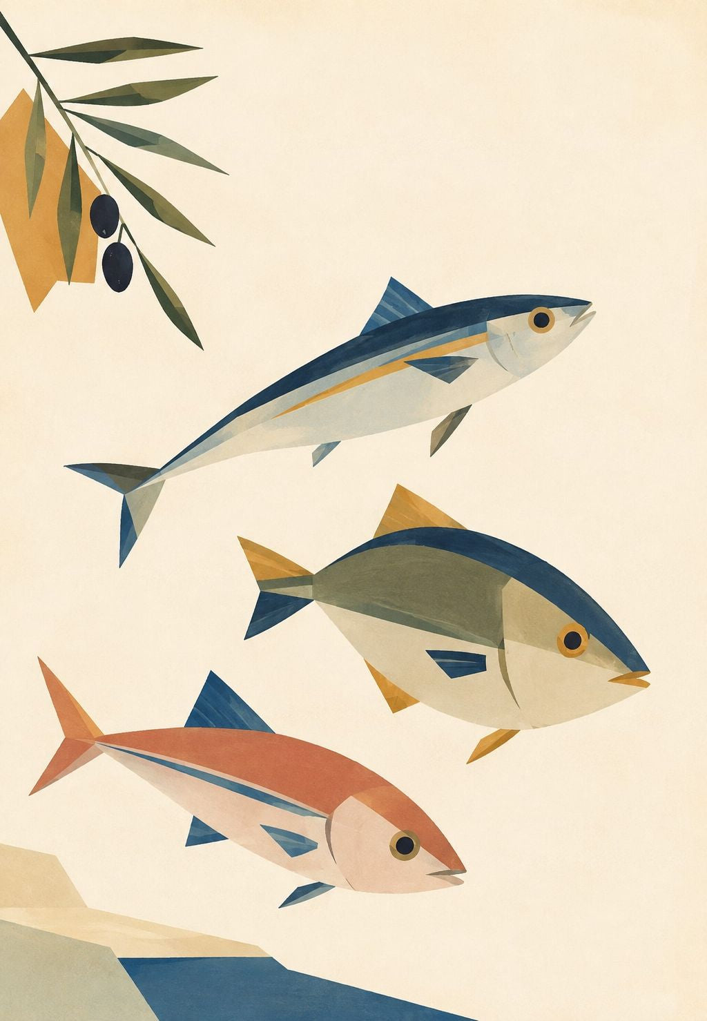 Tres peces y una rama de olivo