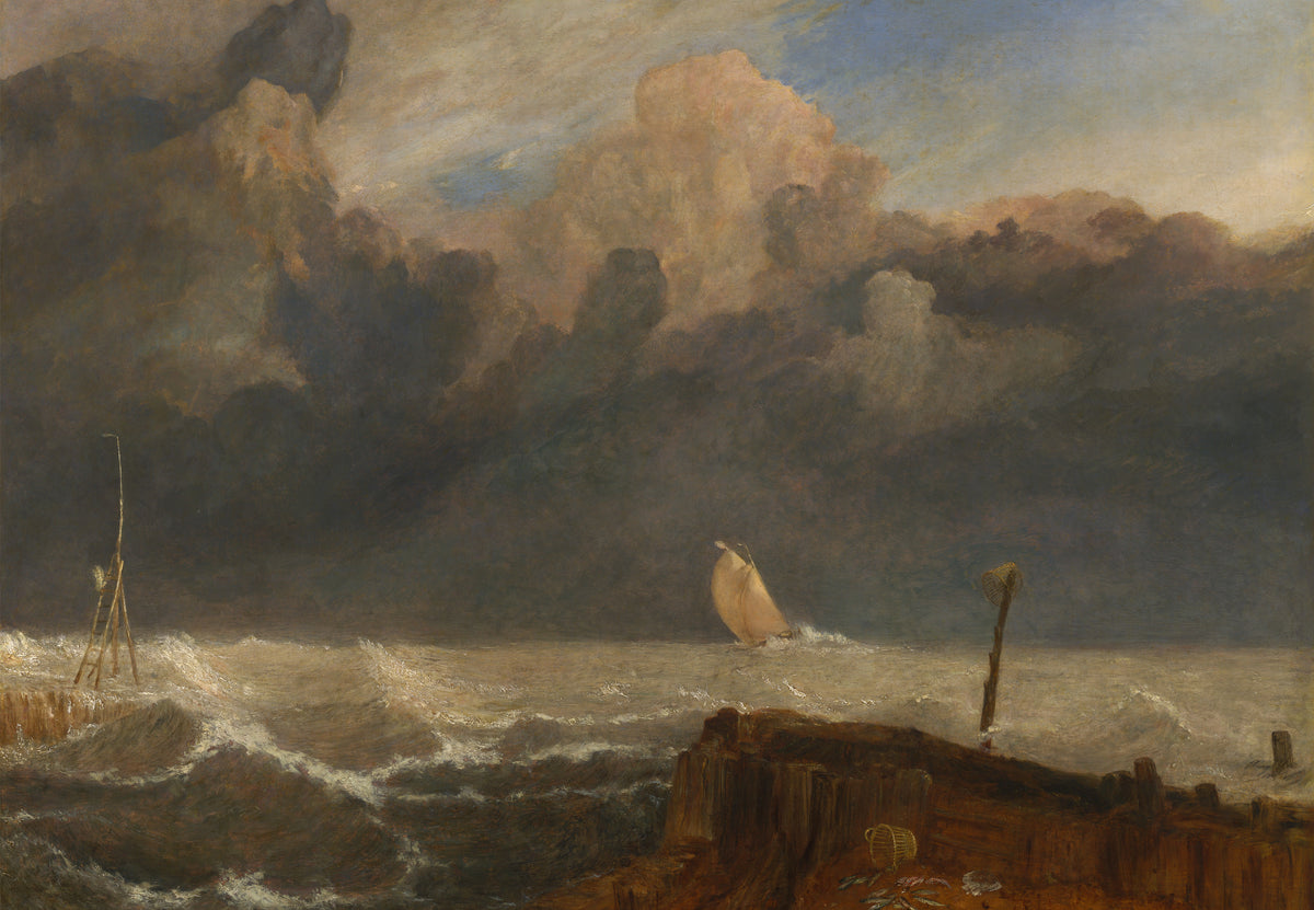 Sailboat heading toward a jetty under a stormy sky