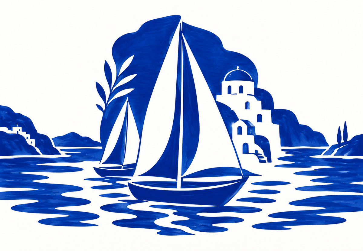 Segelboote vor dem weißen Dorf (Querformat)