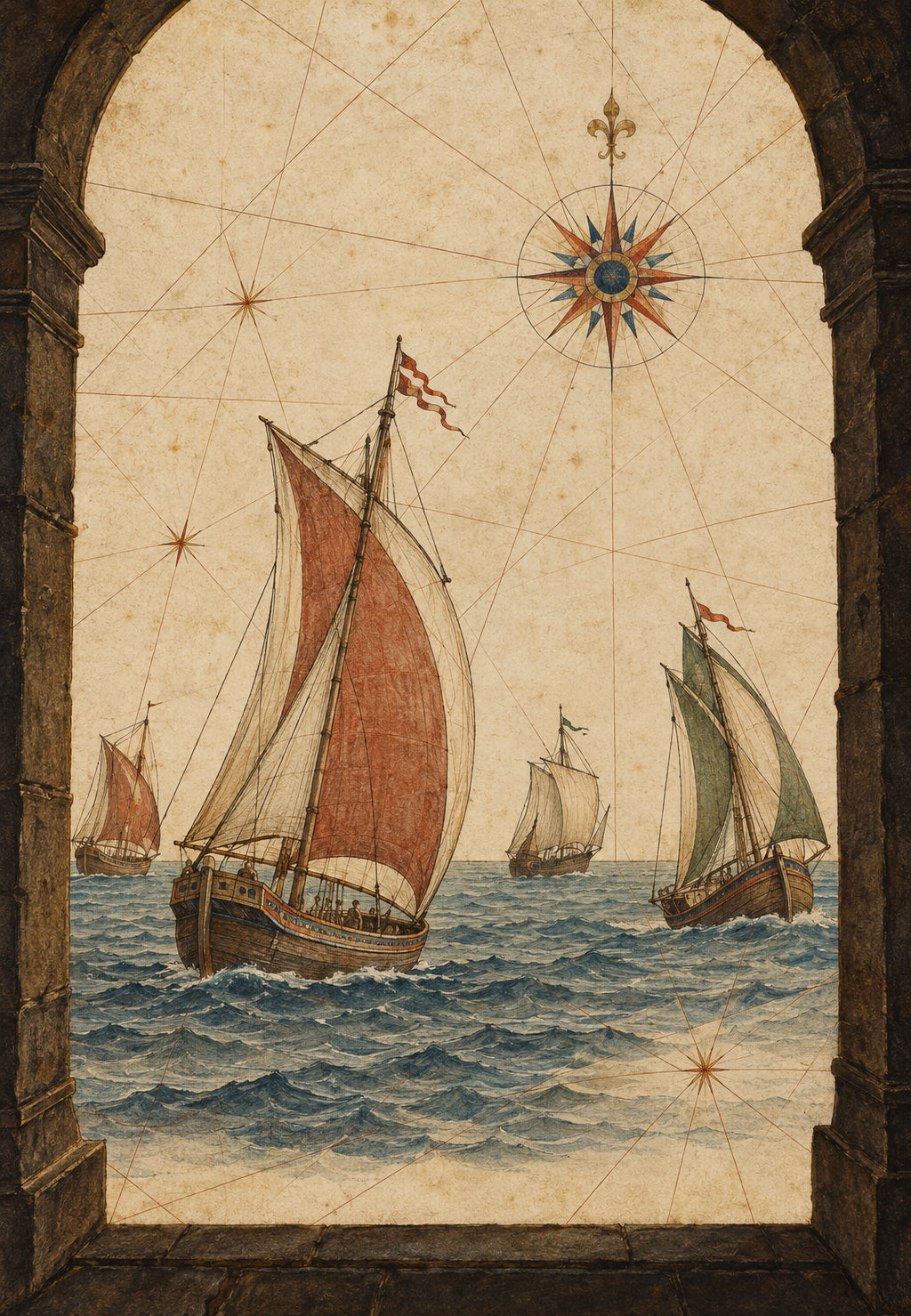 Sailing Ships Beneath a Stone Arch