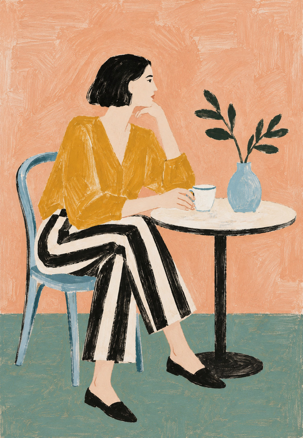 Donna con blusa senape al caffè