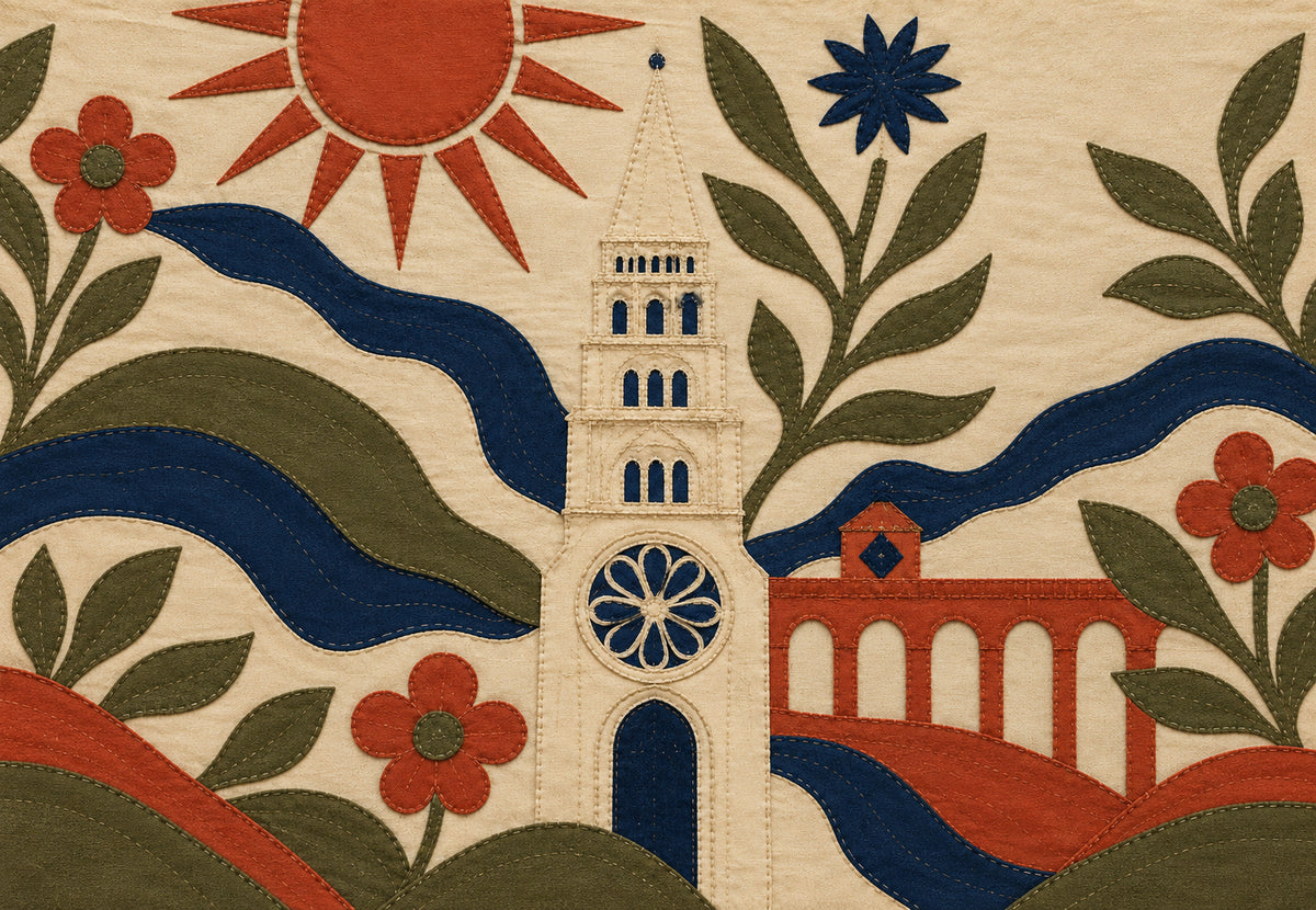 Modena - The Tower and the Rose Window Stitched on Ecru (Landscape)