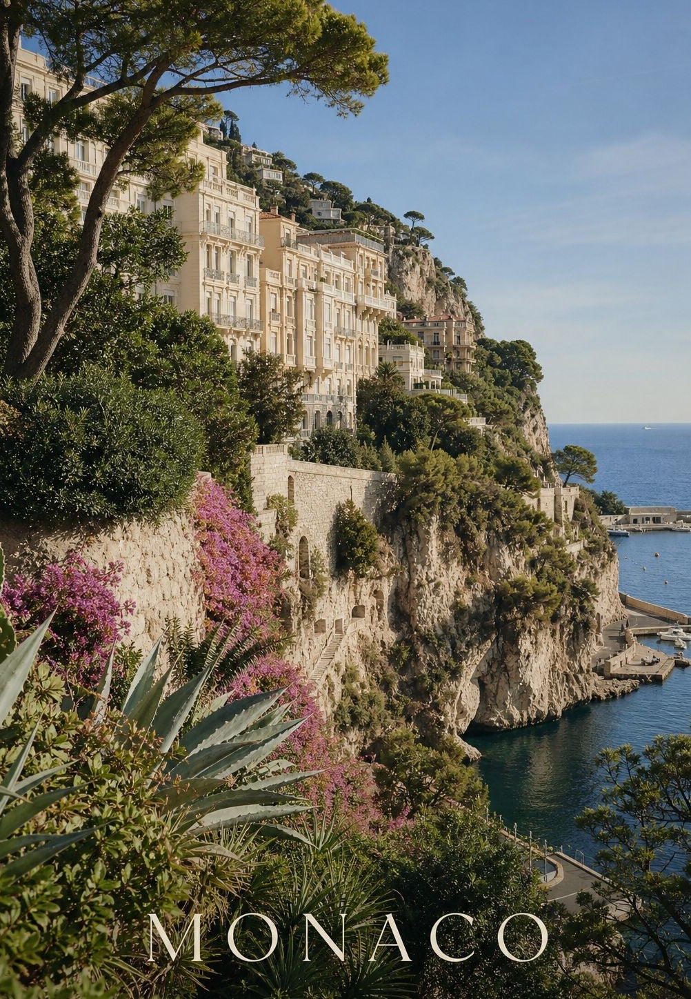 Monaco - Blühende Felswand über dem Meer