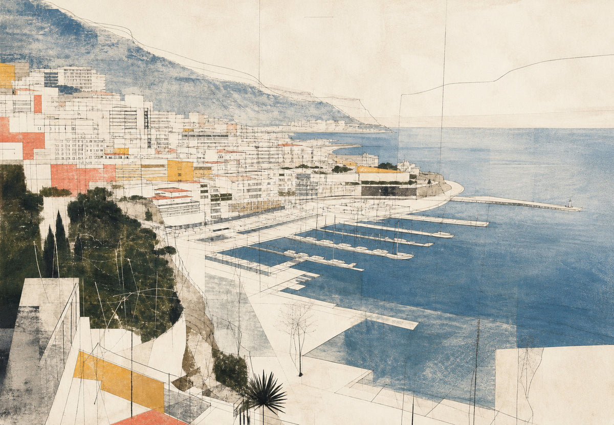 Monaco - The harbour in pencil line (Landscape)