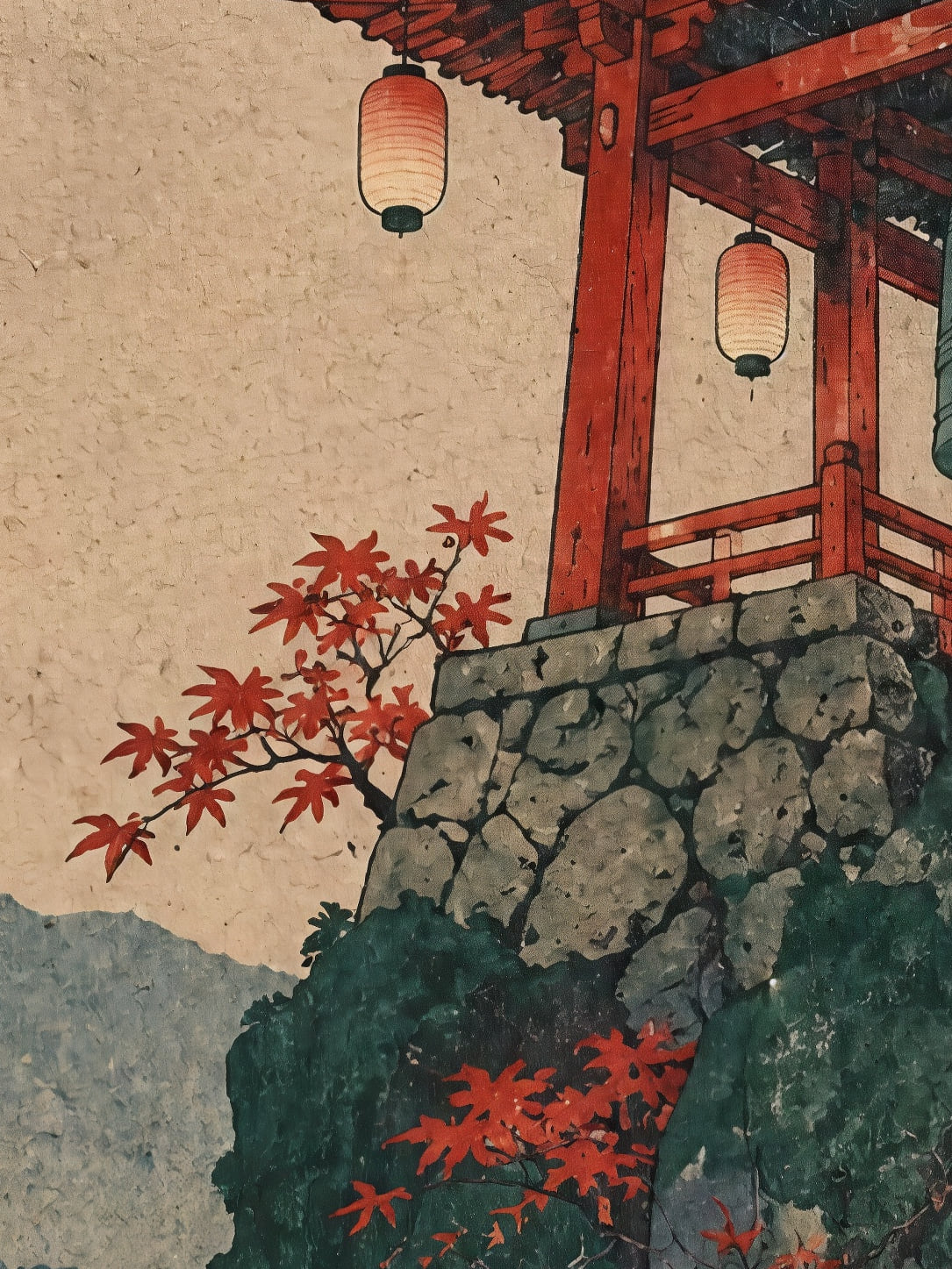 Detail a taille reelle du tirage, affiche monuments la cloche du temple d automne