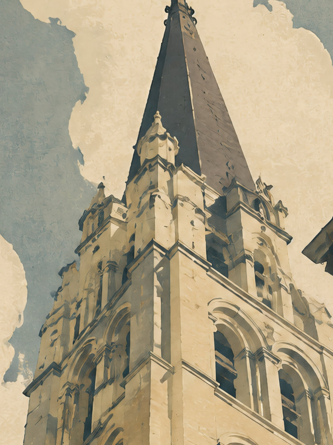 Detail a taille reelle du tirage, affiche monuments le clocher de macon